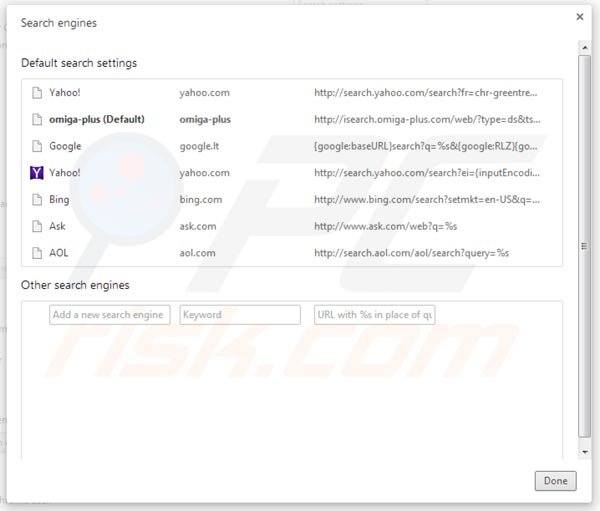 Eliminar omiga plus de la configuración del motor de búsqueda por defecto de Google Chrome