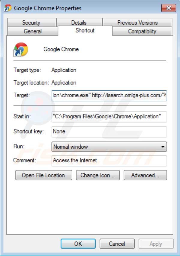 Eliminar Omiga plus del destino del acceso directo de Google Chrome