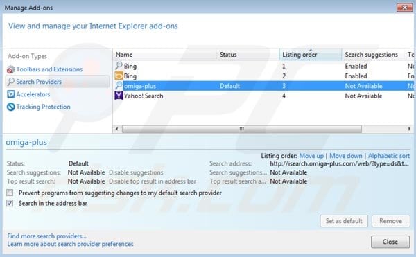 Eliminar Omiga plus de la configuración del motor de búsqueda por defecto de Internet Explorer