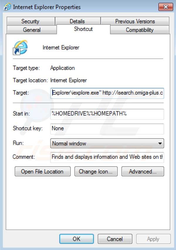 eliminación del virus que cambia el destino del acceso directo isearch Omiga plus de Internet Explorer