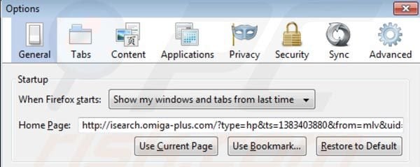 Eliminando Omiga plus de la página de inicio de Mozilla Firefox