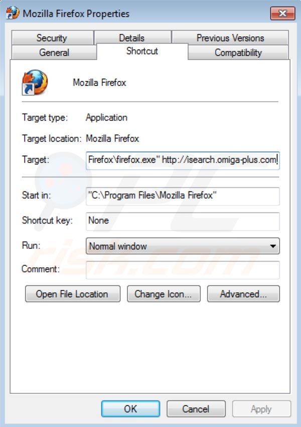 Eliminar Omiga plus del destino del acceso directo de Mozilla Firefox