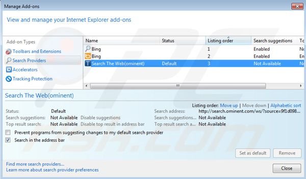 Eliminar search.ominent.com del motor de búsqueda por defecto de Internet Explorer