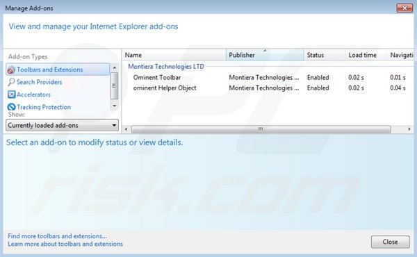 Eliminando search.ominent.com de las extensiones de Internet Explorer