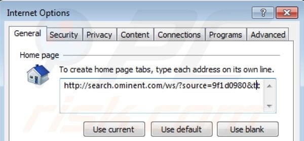 Eliminando search.ominent.com de la página de inicio de Internet Explorer