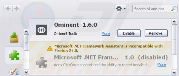 Eliminando la barra Ominent de las extensiones de Mozilla Firefox