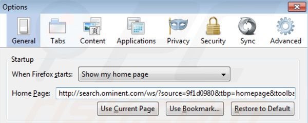 Eliminando search.ominent.com de la página de inicio de Mozilla Firefox