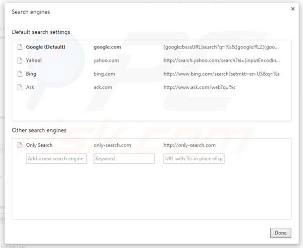 Eliminar Only-search.com de la configuración del motor de búsqueda por defecto de Google Chrome
