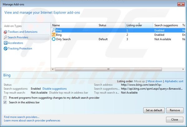 Eliminar Only-search.com de la configuración del motor de búsqueda por defecto de Internet Explorer