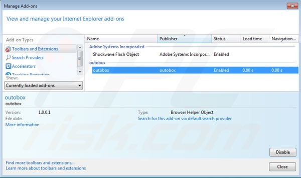 Eliminar Outobox de las extensiones de Internet Explorer paso 2