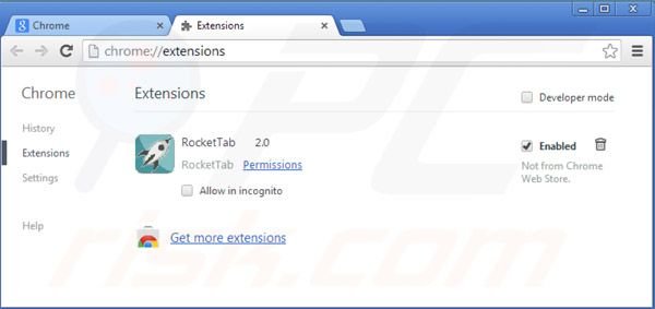 Eliminando los anuncios rocket tab de Google Chrome paso 2