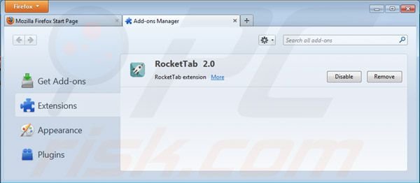 Eliminando los anuncios rocket tab de Mozilla Firefox paso 2