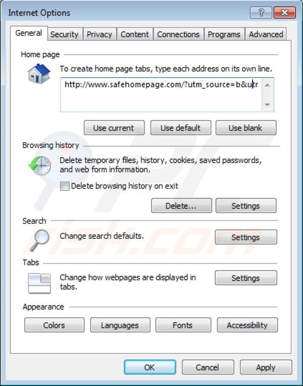 Página de inicio de Safehomepage en Internet Explorer