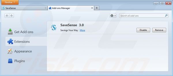 Eliminando los anuncios Savesense de Mozilla Firefox paso 2