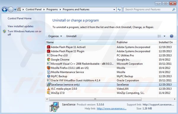 desinstalar Savesense del Panel de control