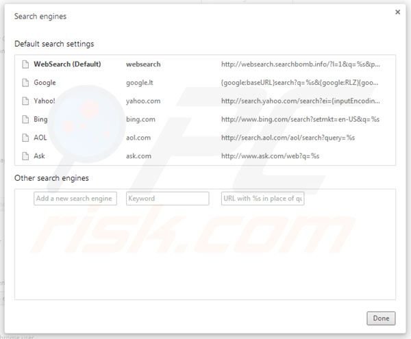 Eliminando websearch.searchbomb.info de la configuración del motor de búsqueda por defecto de Google Chrome