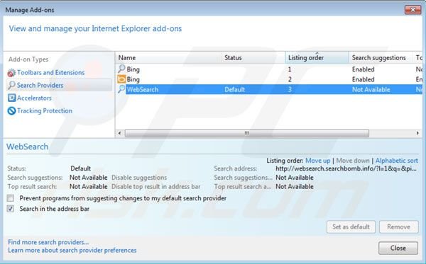 Eliminar websearch.searchbomb.info de la configuración del motor de búsqueda por defecto de Internet Explorer