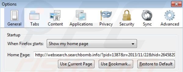 Eliminando websearch.searchbomb.info de la página de inicio de Mozilla Firefox