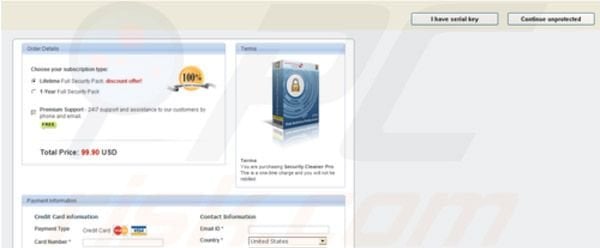 Sitio web de pagos de Security Cleaner Pro