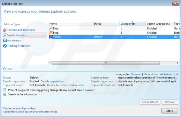 Eliminar Spigot de la configuración del motor de búsqueda por defecto de Internet Explorer