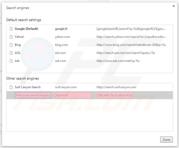 Eliminar Surf Canyon de la configuración del motor de búsqueda por defecto de Google Chrome