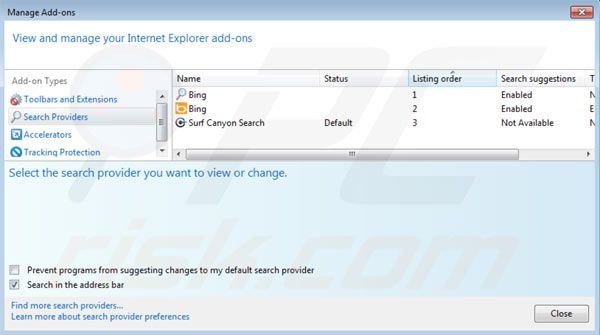 Eliminando Surf Canyon de la configuración del motor de búsqueda por defecto de Internet Explorer