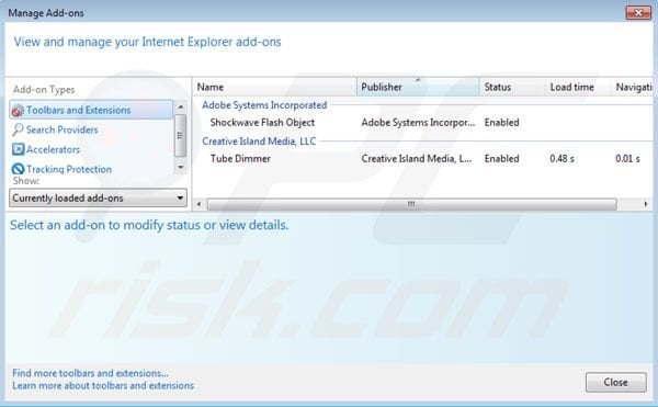 Eliminando Tube Dimmer de las extensiones de Internet Explorer paso 2