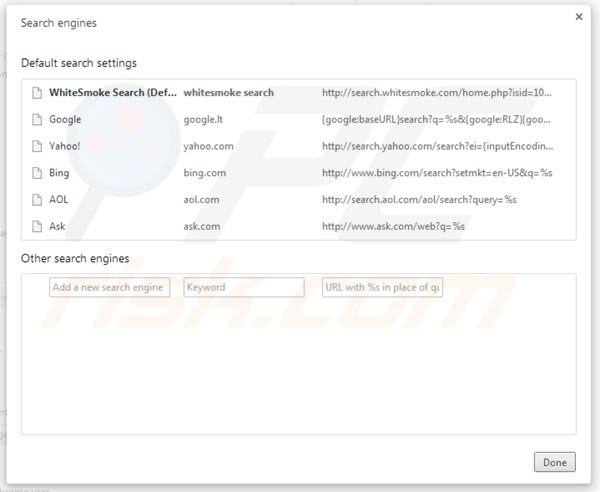 Eliminando search.whitesmoke.com de la configuración del motor de búsqueda por defecto de Google Chrome