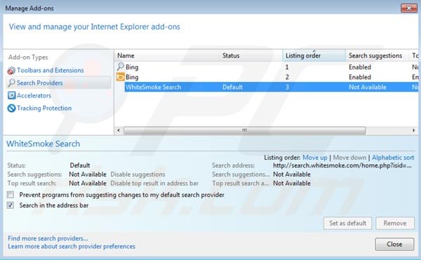 Eliminar search.whitesmoke.com de la configuración del motor de búsqueda por defecto de Internet Explorer