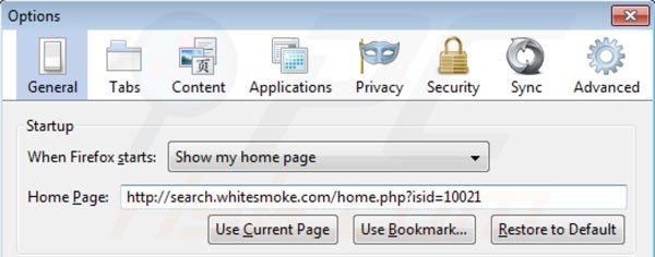 Eliminando search.whitesmoke.com de la página de inicio de Mozilla Firefox