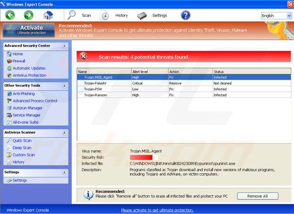 Falso programa antivirus Windows Expert Console