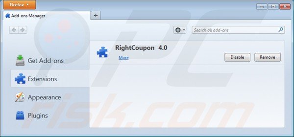 Eliminando los anuncios de right coupon de Mozilla Firefox paso 2