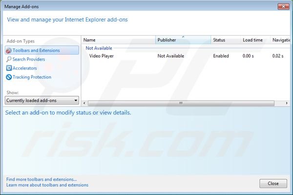 Eliminando ads by video player de las extensiones de Internet Explorer paso 2