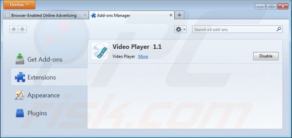 Eliminando ads by video player de las extensiones de Mozilla Firefox paso 2