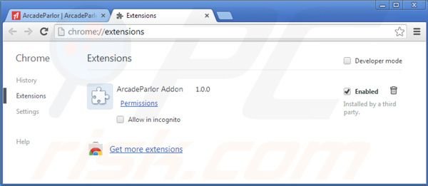 Eliminando Arcadeparlor de las extensiones de Google Chrome paso 2