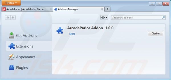 Eliminando Arcadeparlor de las extensiones de Mozilla Firefox paso 2