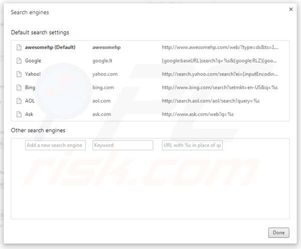 Eliminando awesomehp.com de la configuración del motor de búsqueda por defecto de Google Chrome