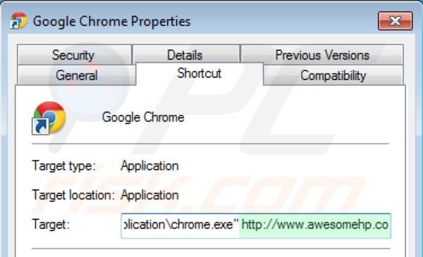 Eliminar awesomehp.com del destino del acceso directo de Google Chrome paso 2