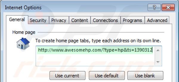 Eliminando awesomehp.com de la página de inicio de Internet Explorer