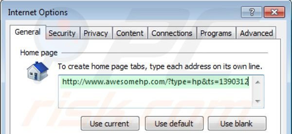 Eliminando awesomehp.com de la página de inicio de Internet Explorer