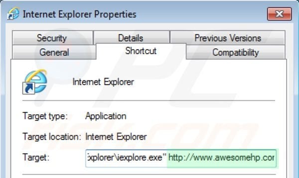Eliminar awesomehp.com del destino del acceso directo de Internet Explorer paso 2