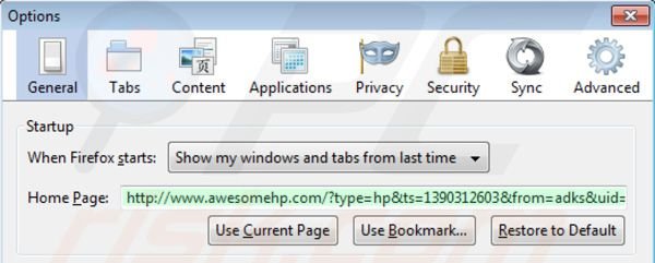 Eliminando awesomehp.com de la página de inicio de Mozilla Firefox