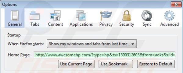 Eliminando awesomehp.com de la página de inicio de Mozilla Firefox