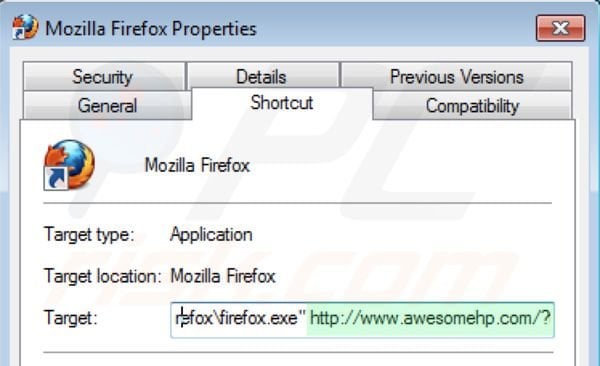 Eliminar awesomehp.com del destino del acceso directo de Mozilla Firefox paso 2