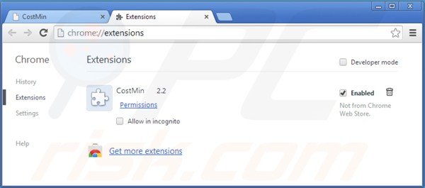 Eliminando costmin de las extensiones de Google Chrome paso 2