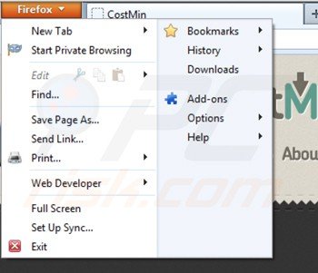 Eliminando costmin de las extensiones de Mozilla Firefox paso 1