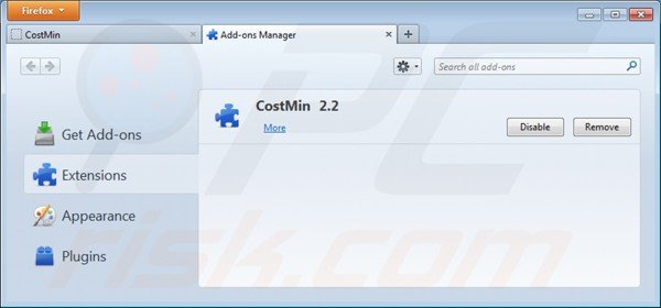 Eliminando costmin de las extensiones de Mozilla Firefox paso 2