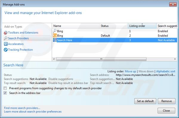 Eliminando el virus default tab de la configuración del motor de búsqueda por defecto de Internet Explorer