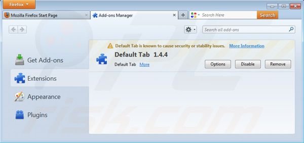 Eliminando el virus default tab de las extensiones de Mozila Firefox