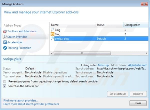 Eliminando el virus de redireccionamiento inspsearch.com de la configuración del motor de búsqueda por defecto de Internet Explorer